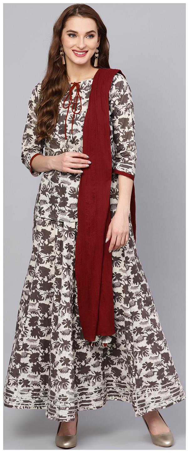 

Jaipur Kurti Women Multi Floral Straight Kurta With Skirt And Dupatta