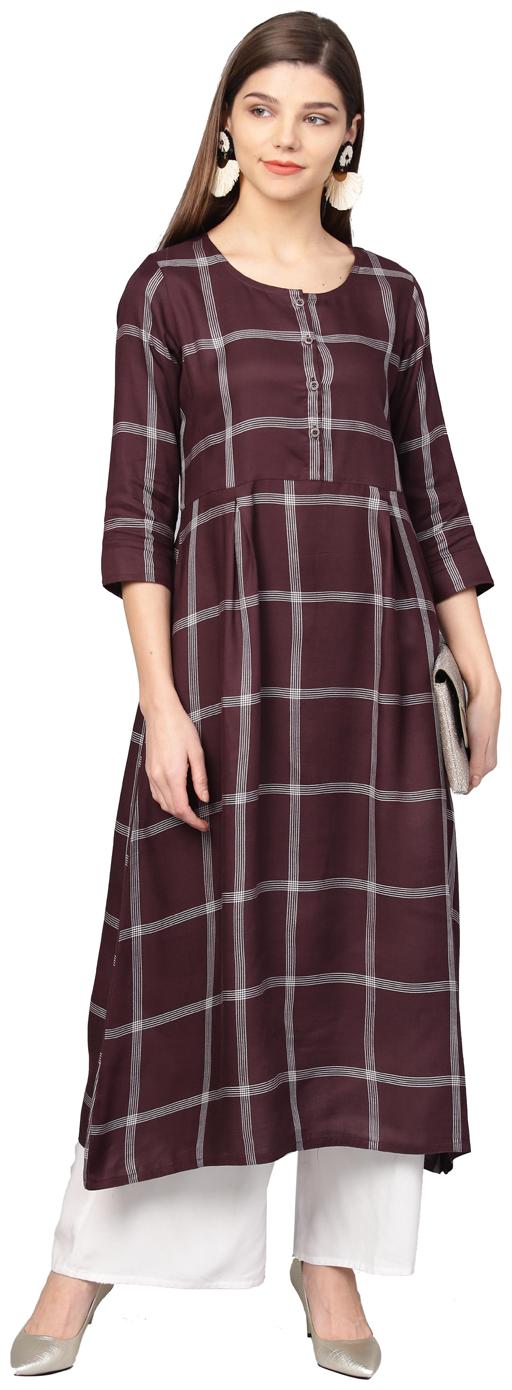 

Jaipur Kurti Women Brown Geometric A-Line Yarn Dyed Rayon Kurta