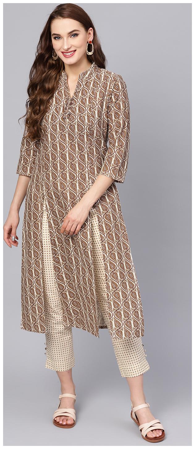 

Jaipur Kurti Women Brown Off White Ethnic Motifs Straight Kurta With Pants