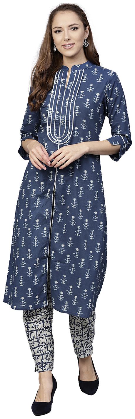 

Jaipur Kurti Women Blue Floral Straight Kurta With Pants