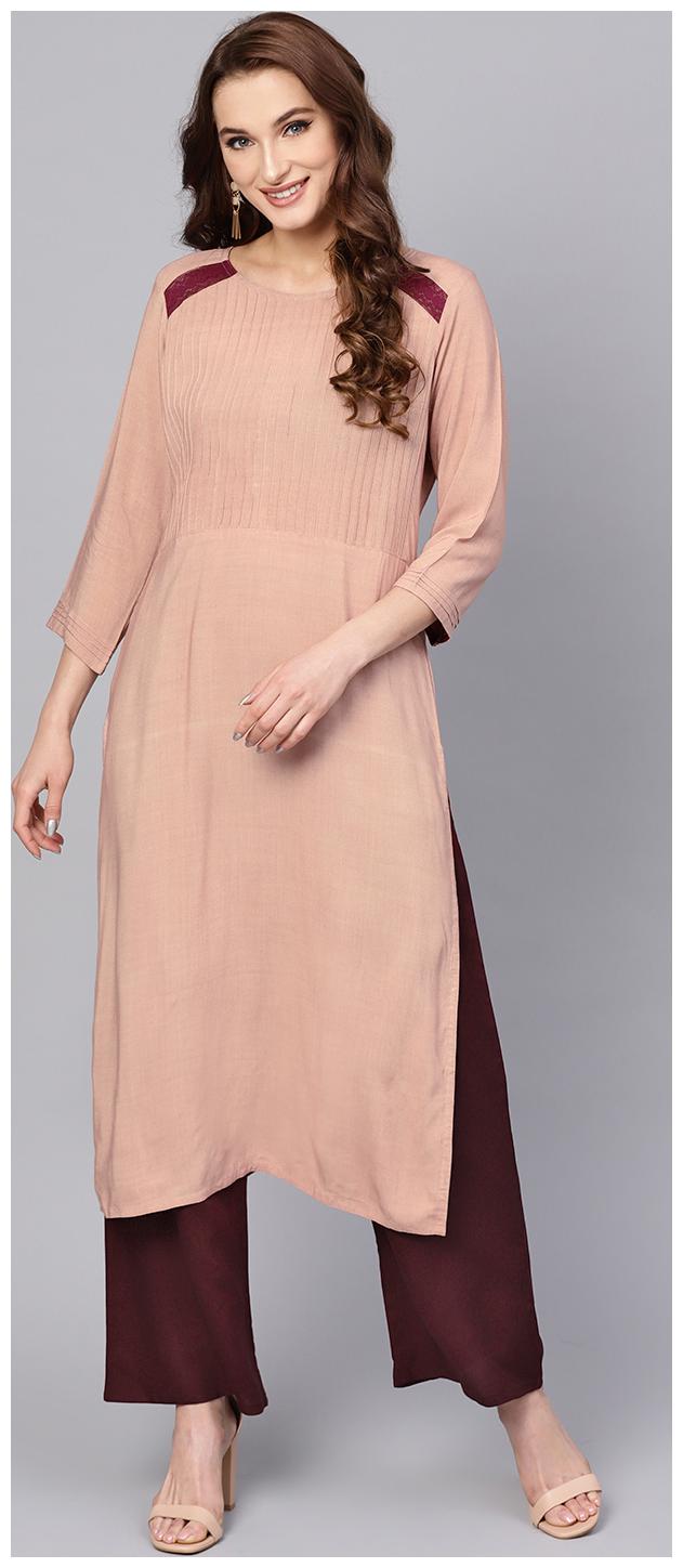 

Jaipur Kurti Women Peach and Brown Solid Straight Rayon Kurta with Palazzo