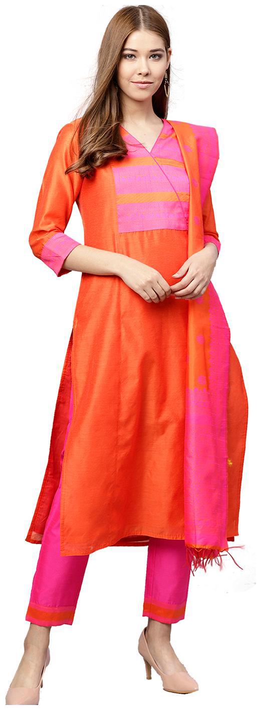 

Jaipur Kurti Women Orange Solid Straight Kurta With Pants And Dupatta