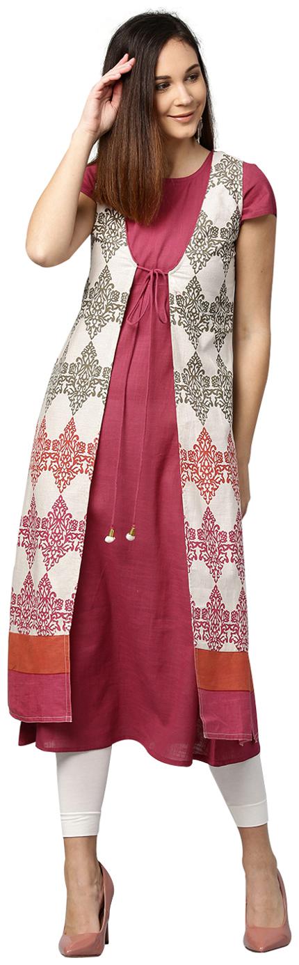 

Jaipur Kurti Women Pink Ethnic Motifs A-Line Cotton Flex Kurta with Ethnic Jacket