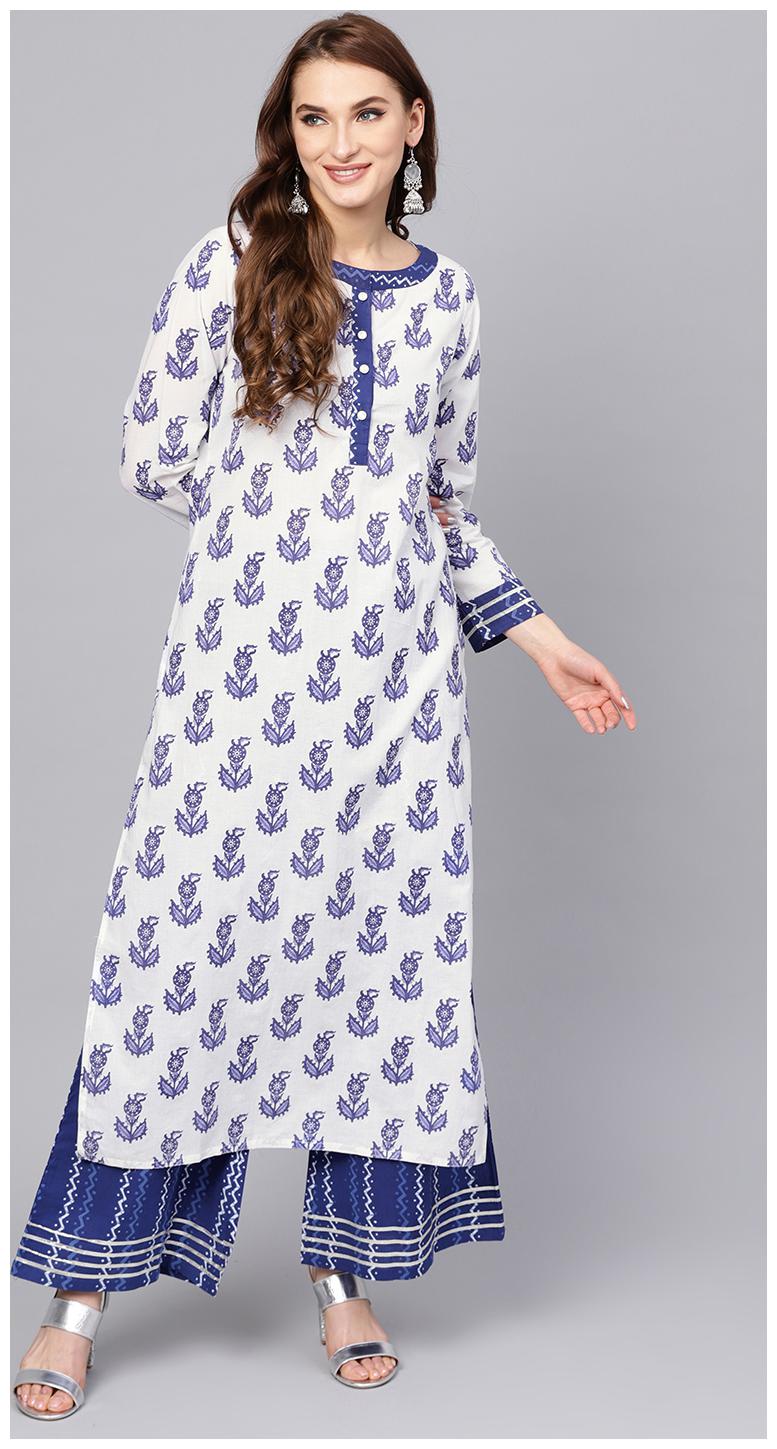 

Jaipur Kurti Women White Blue Ethnic Motifs Straight Cotton Kurta with Palazzo