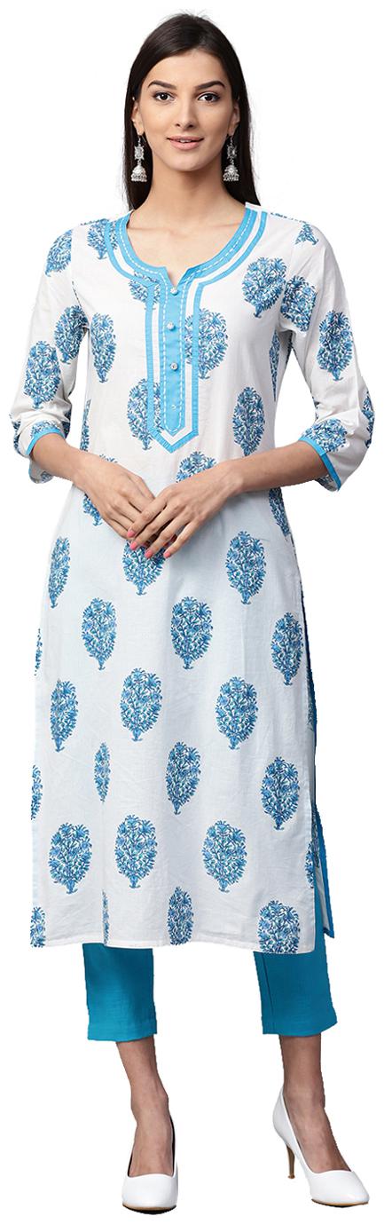 

Jaipur Kurti Women White Floral Straight Kurta With Trousers