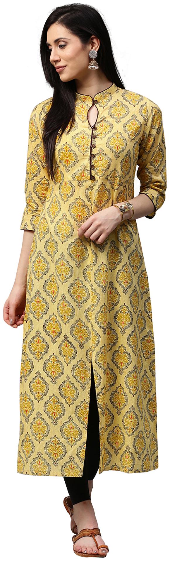 

Jaipur Kurti Women Yellow Booti Print Cotton Kurta