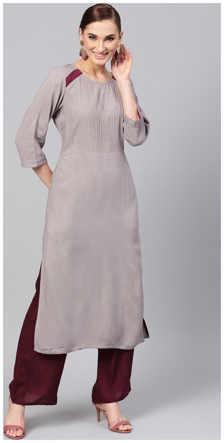 

Jaipur Kurti Women Grey Brown Solid Straight Rayon Kurta with Palazzo