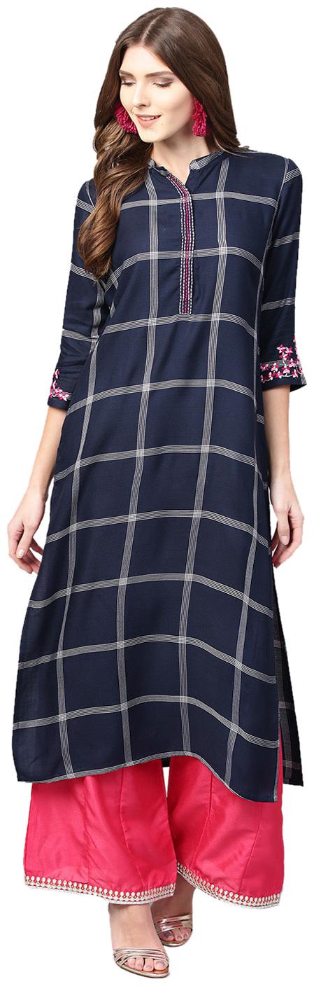 

Jaipur Kurti Women Blue Checkered Straight Kurta
