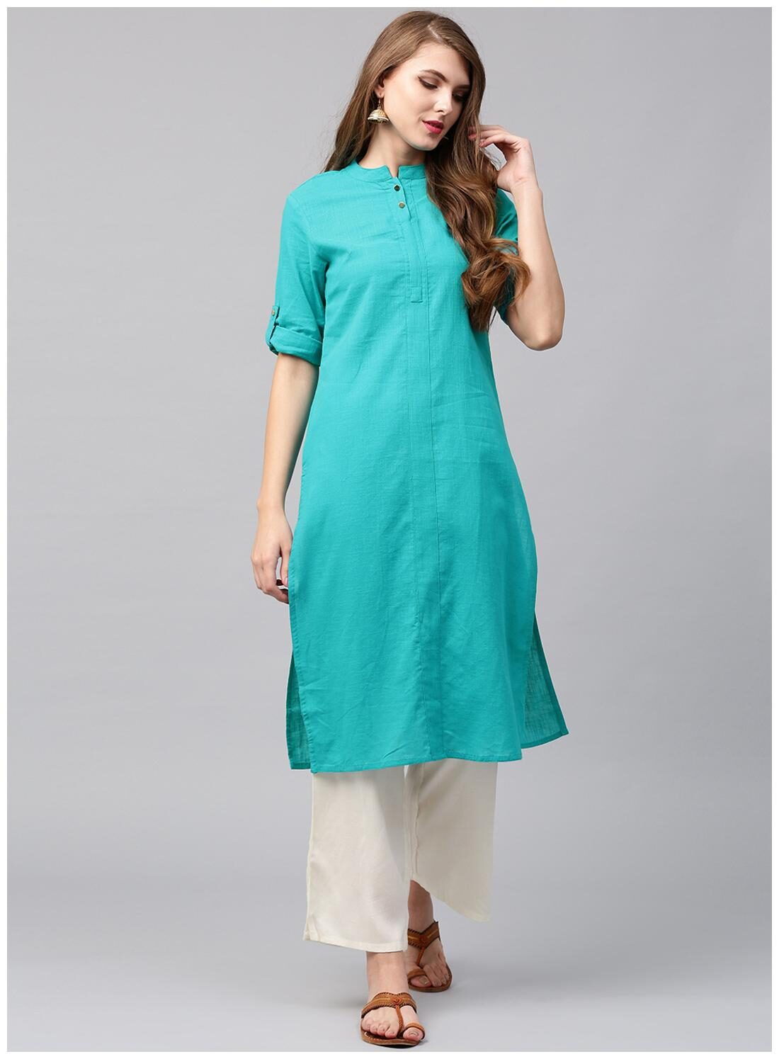 

Jaipur Kurti Cotton Aqua Green Kurta With Off-White Palazzo Set