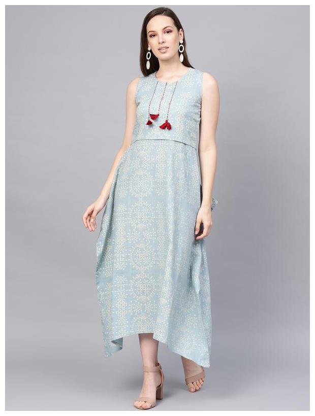 

Jaipur Kurti Rayon Printed Blue Assymetric Dress