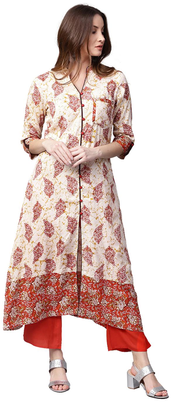 

Jaipur Kurti Women Off-White Maroon Printed A-Line Rayon Kurta with Palazzos