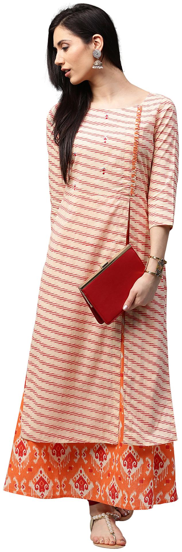 

Jaipur Kurti Women Off-White Pastel Orange Cotton Kurta