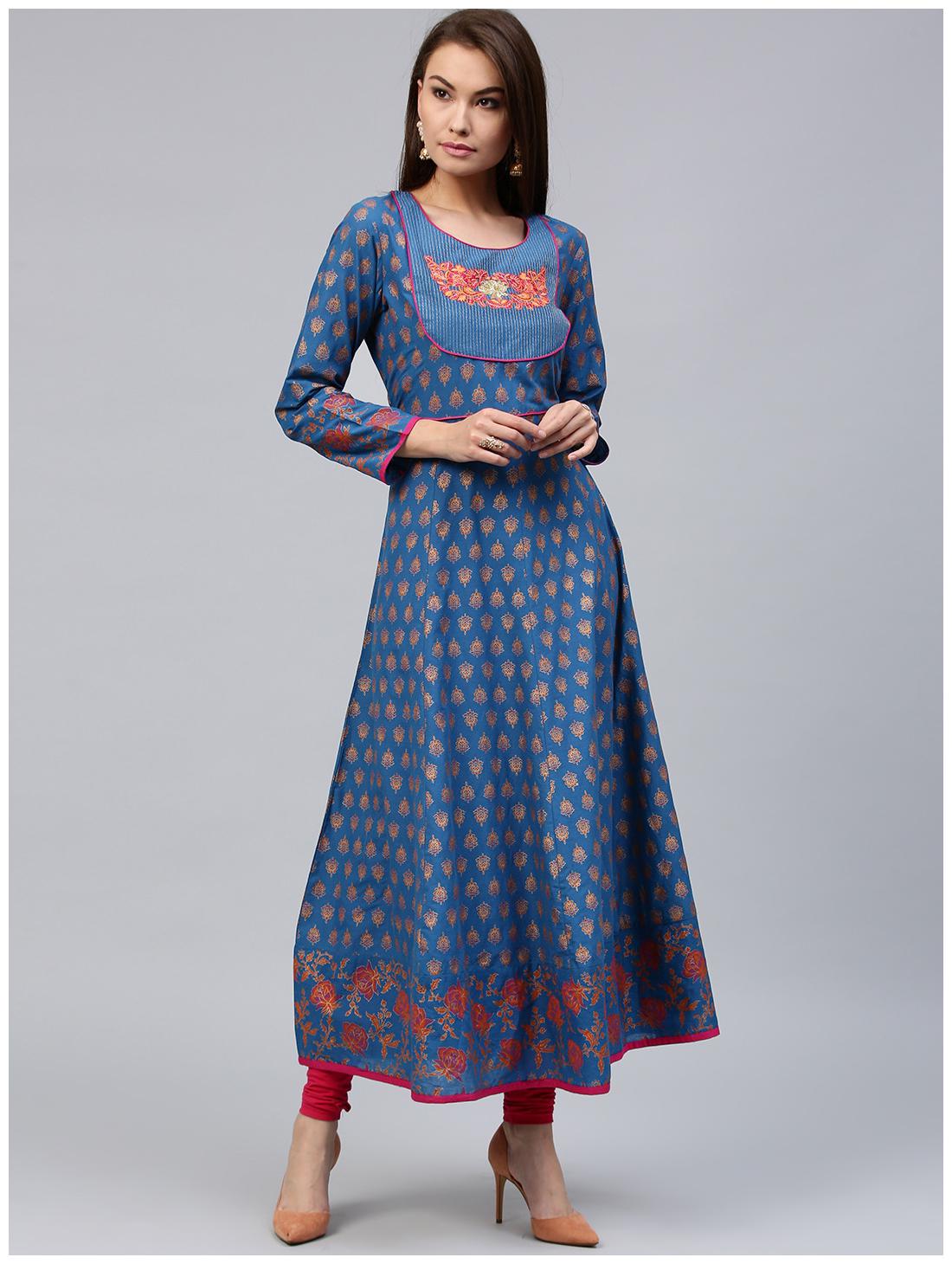 

Jaipur Kurti Women s Blue Cotton Kalidaar Embroidered Long Kurta With Gold Print Tassels