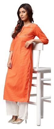 

Jaipur Kurti Women Orange Solid Straight Cotton Kantha Kurta With Palazzo