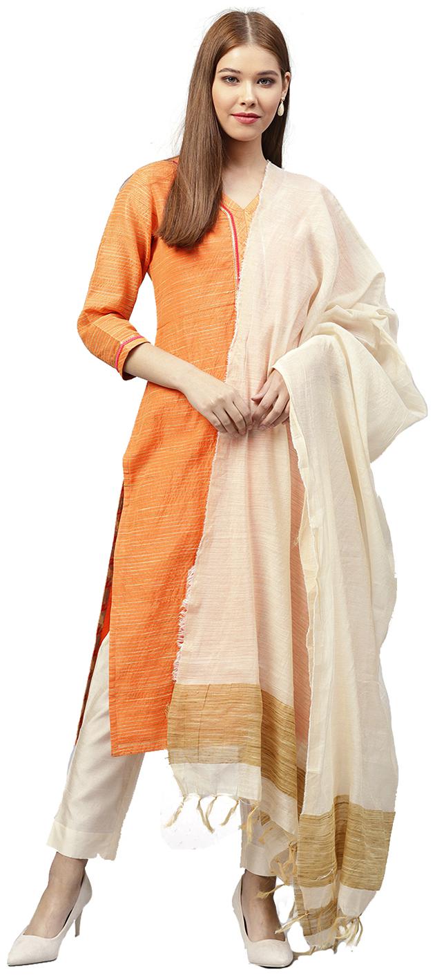 

Jaipur Kurti Women Orange Off White Stripes A-Line Silk Kurta with Pant Dupatta