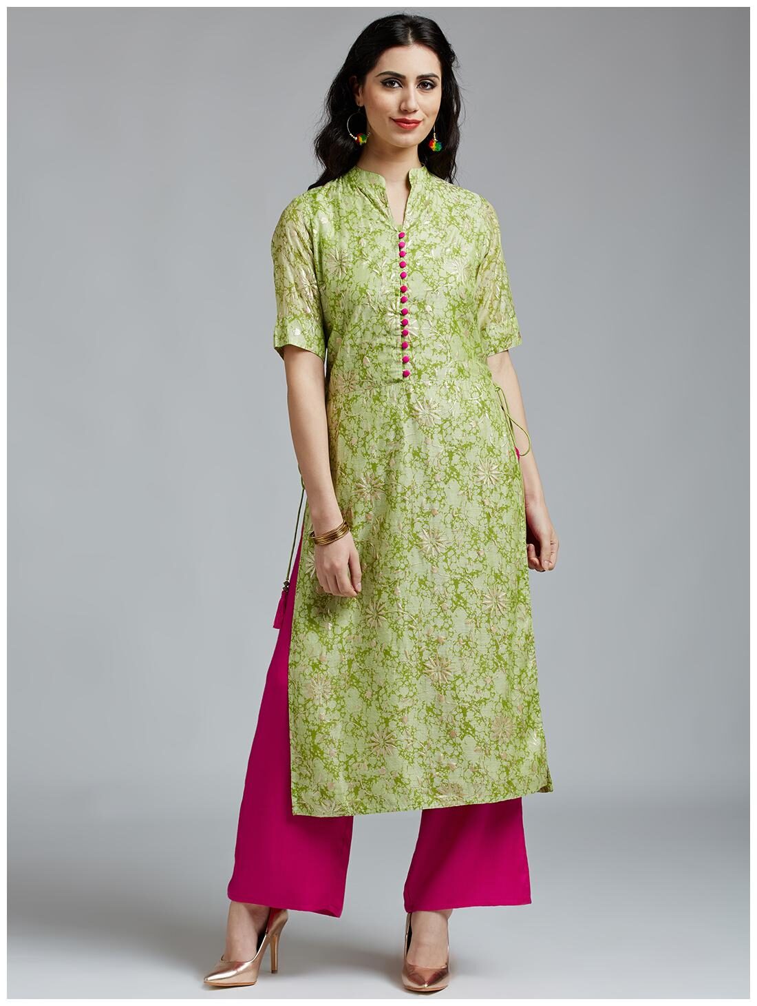 

Jaipur Kurti Women S Green Chanderi Kurta With Pink Rayon Palazzo