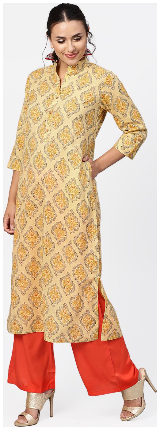 

Jaipur Kurti Cotton 3 4th Sleeves Stitched Suits yellow Orange