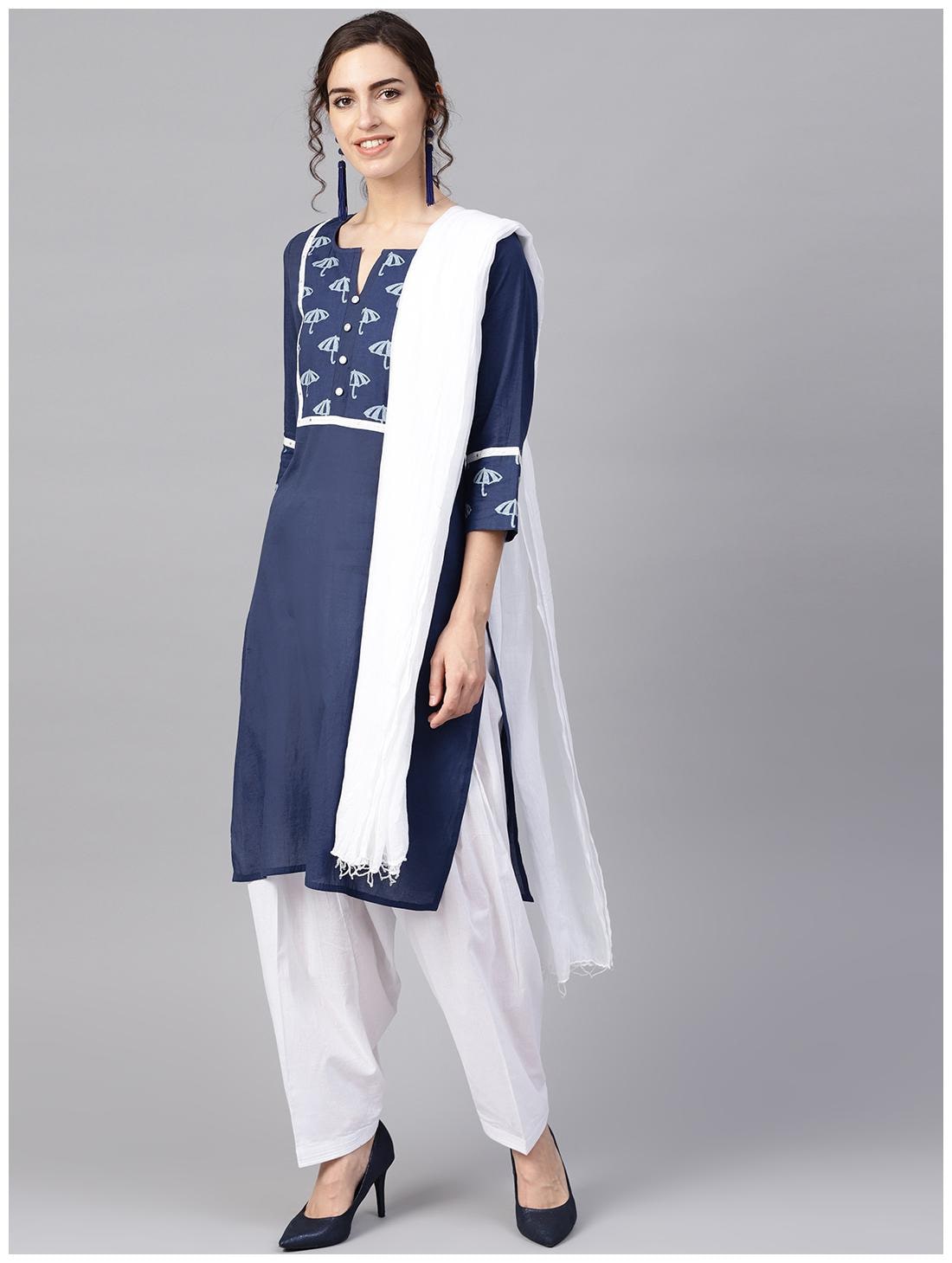 

Jaipur Kurti Women Navy Blue White Ethnic Motifs Straight Kurta With Salwar And Dupatta