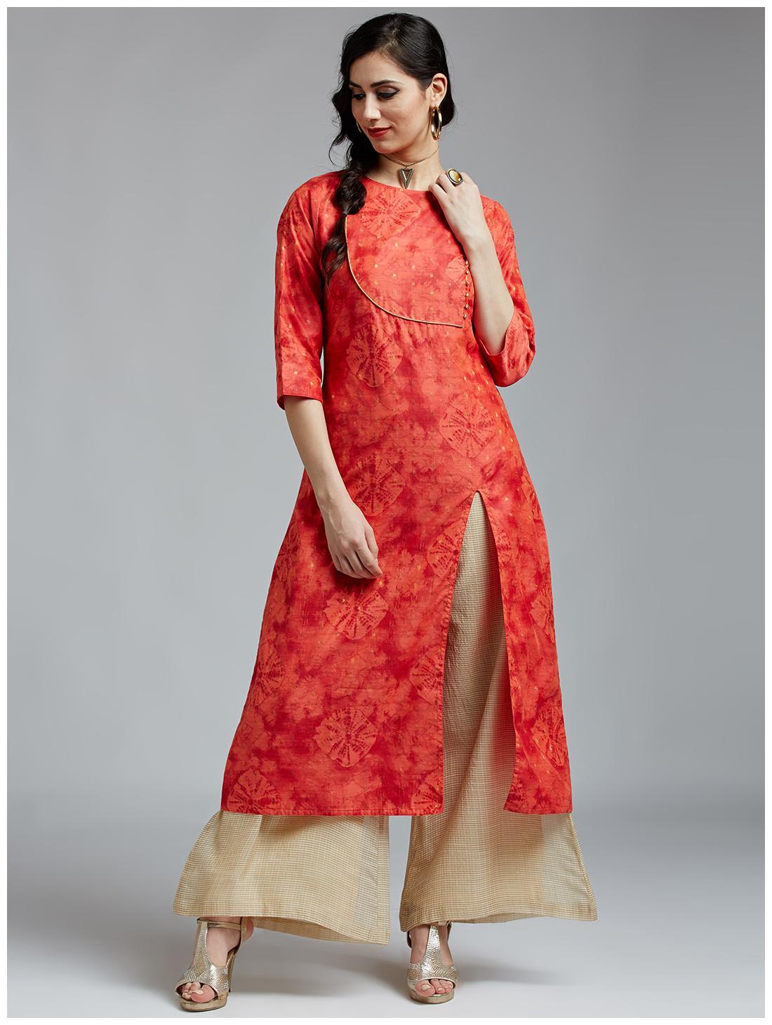 

Jaipur Kurti Women S Orange Chanderi Kurta With Cream Chanderi Checks Palazzo