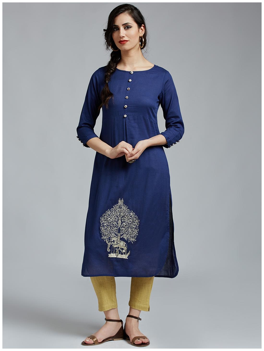 

Jaipur Kurti Women s Blue Cotton Kurta with Beige Regular Pant