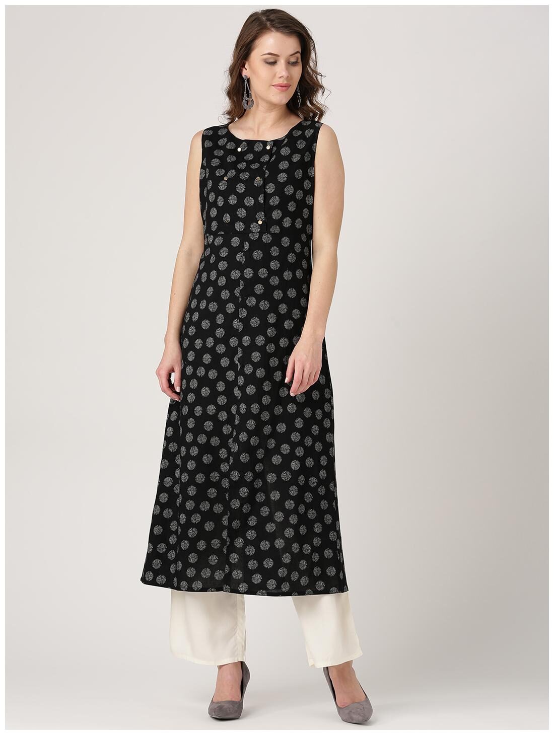 

Jaipur Kurti Women Black Polka Dots A Line Cotton Kurta