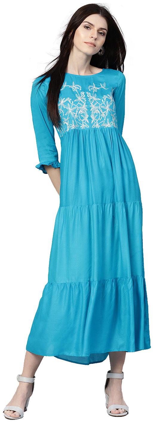 

Jaipur Kurti Women Turquoise Blue Solid A-Line Dobby Kurti Dress