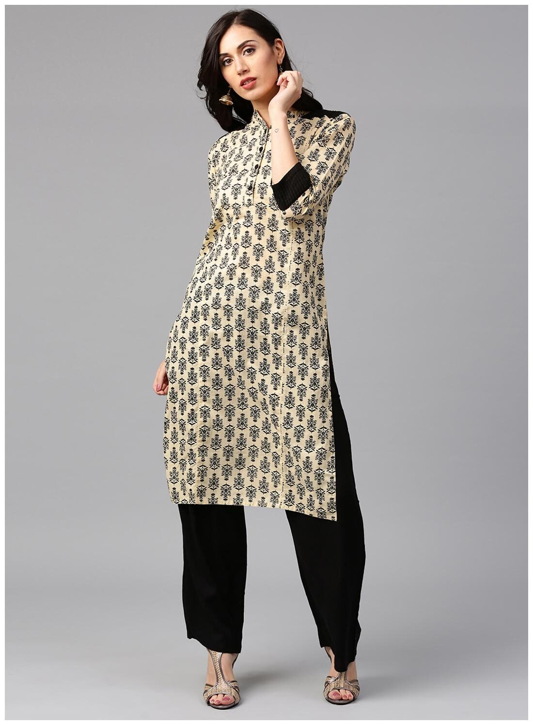 

Jaipur Kurti Cotton Beige Kurta With Black Palazzo Set