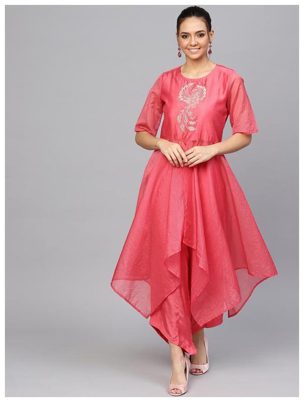 

Jaipur Kurti Women Silk Embroidery Kurta With Palazzo - Pink