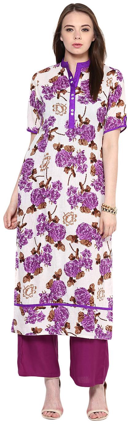 

Jaipur Kurti Cotton White Kurta With Purple Rayon Palazzo Pants