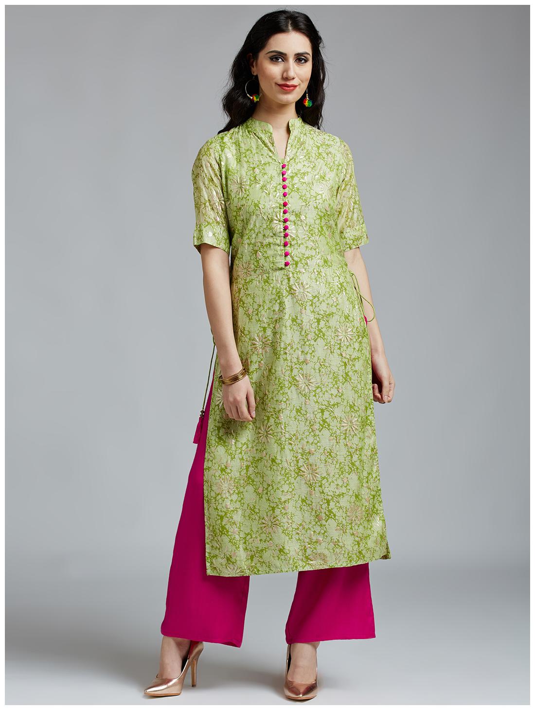 

Jaipur Kurti Women S Green Chanderi Kurta With Pink Rayon Palazzo