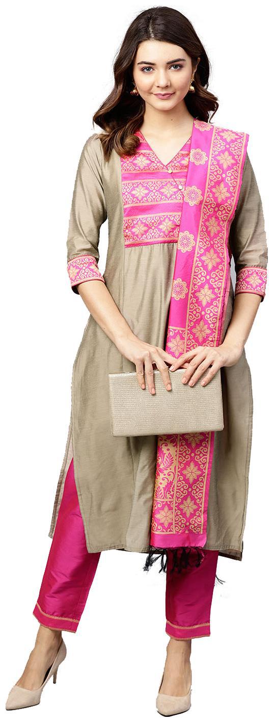 

Jaipur Kurti Women Beige Solid Straight Kurta With Pants And Dupatta