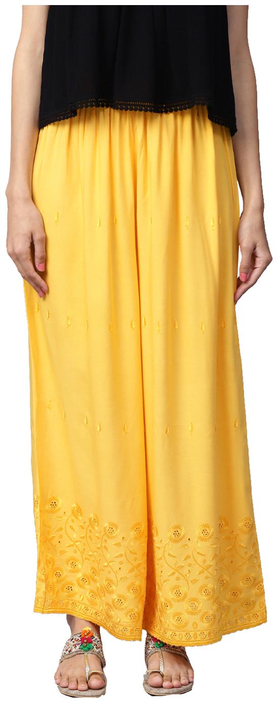 

Jaipur Kurti Women Yellow Schiffly Embroidery Wide Leg Rayon Palazzos