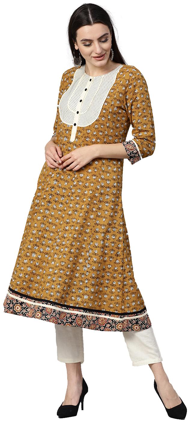

Jaipur Kurti Women Mustard Ethnic Motifs A-Line Cotton Kurta