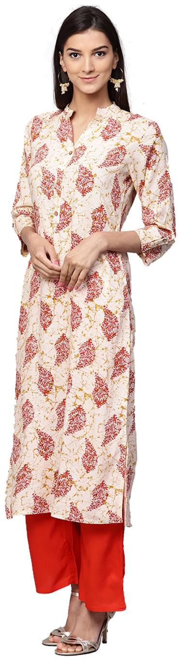 

Jaipur Kurti Women Off-White Orange Printed Rayon Kurta with Palazzos