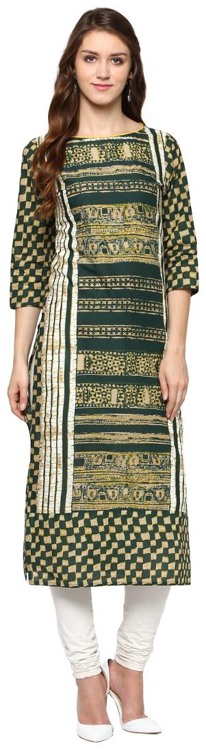 

Jaipur Kurti Women Green Printed Straight Kurta