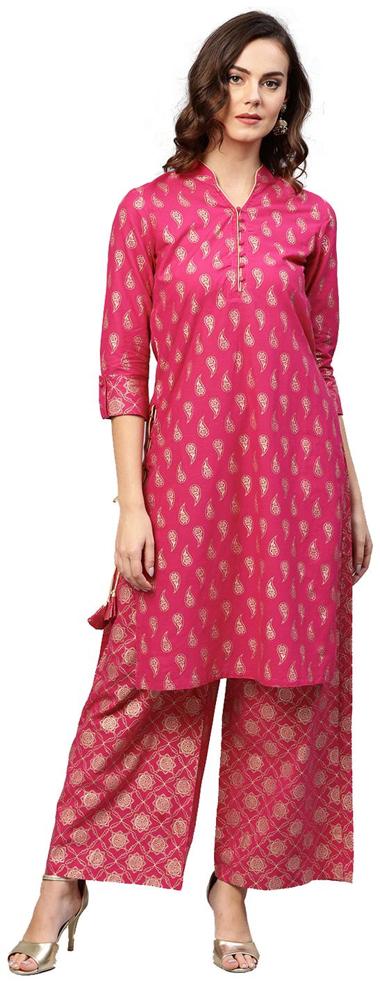 

Jaipur Kurti Women Pink Printed Straight Kurta With Palazzo
