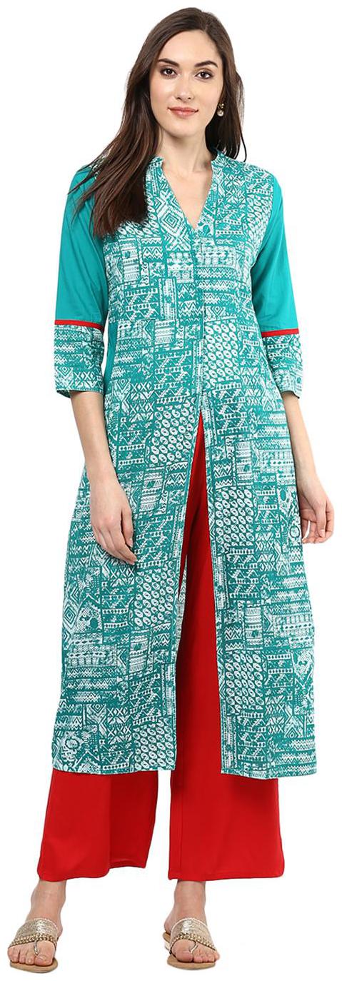 

Jaipur Kurti Women Green Printed Straight Kurta With Palazzo
