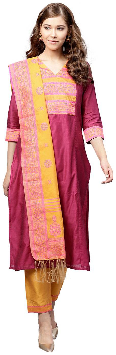 

Jaipur Kurti Women Maroon Solid Straight Kurta With Pants And Dupatta