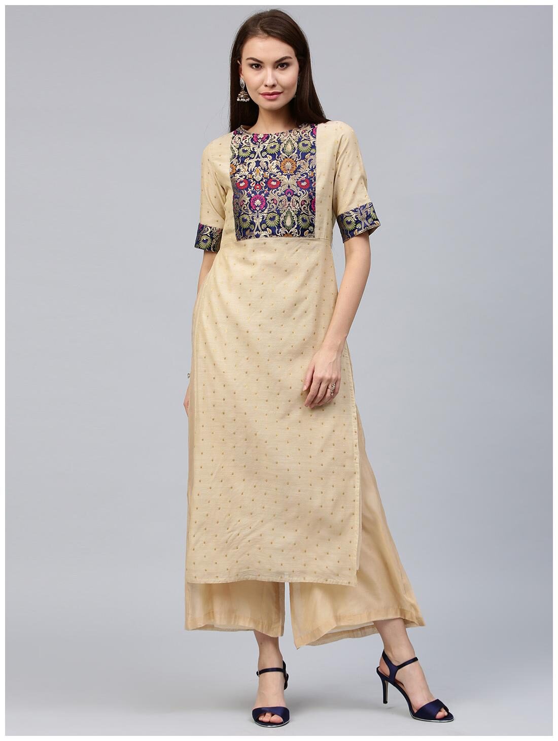 

Jaipur Kurti Women Cream Printed Straight Kurta With Palazzo