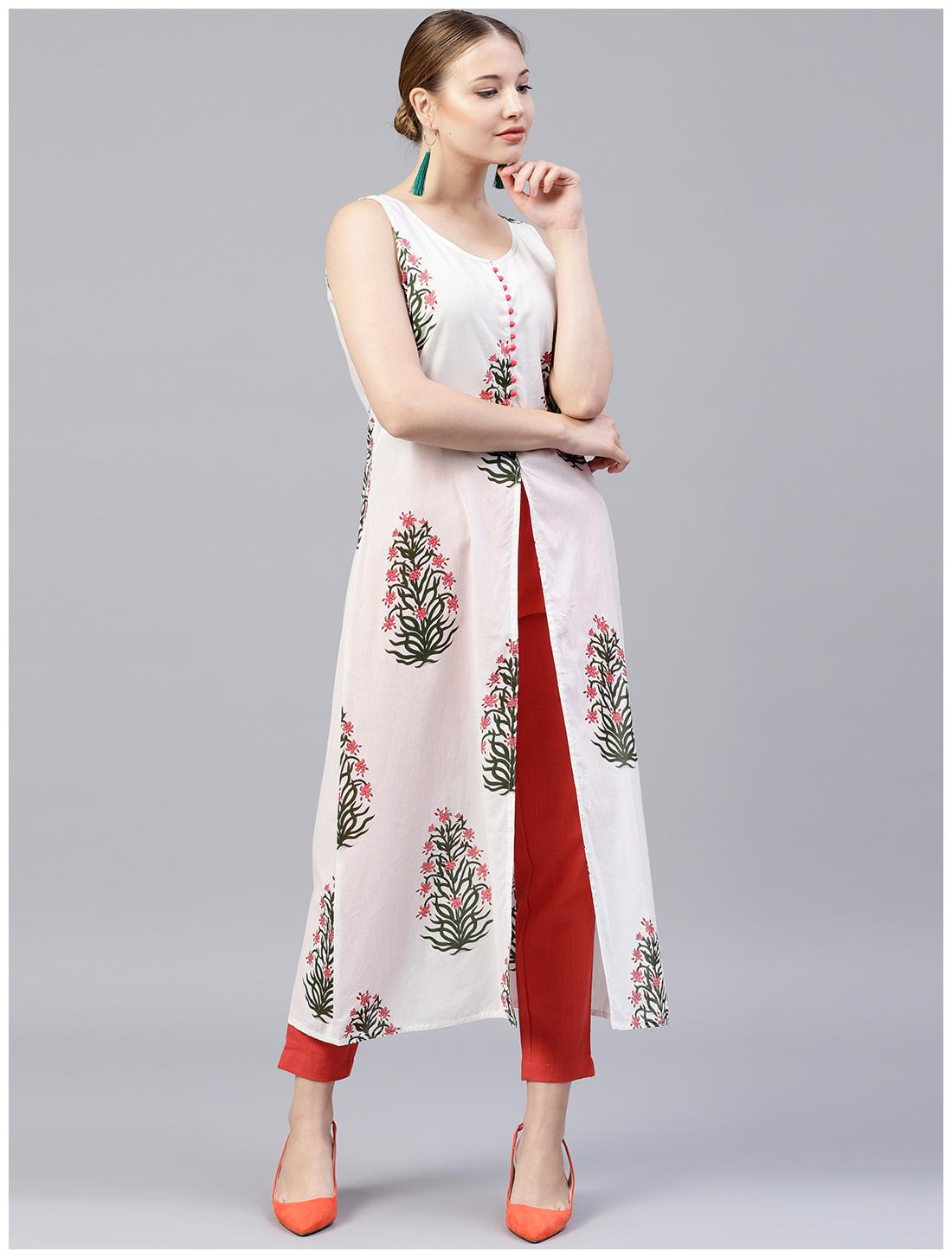 

Jaipur Kurti Women White Ethnic Motifs High Slit Kurta With Churidar