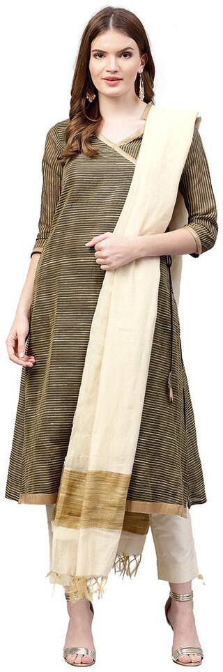 Jaipur Kurti Women Black & Off White Stripes A-Line Silk Kurta with Pant & Dupatta