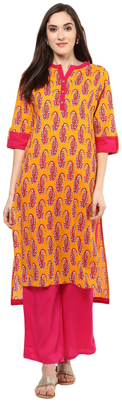 

Jaipur Kurti Yellow Paisley Print Kurta With Rani Palazzo Set