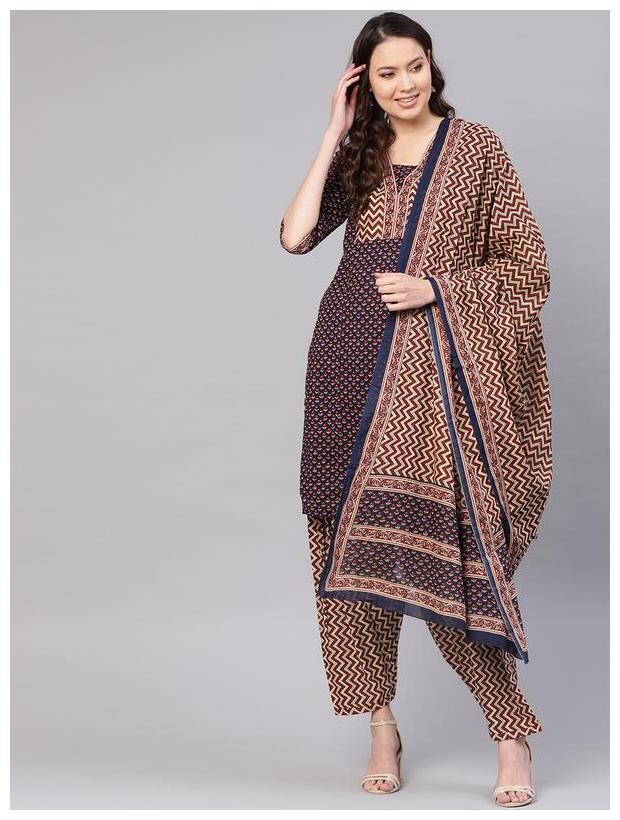 

Jaipur Kurti Women Cotton Printed Suit Set - Blue