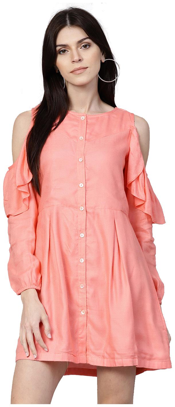 

Jaipur Kurti Women Coral Solid A-Line Dobby Kurti Dress