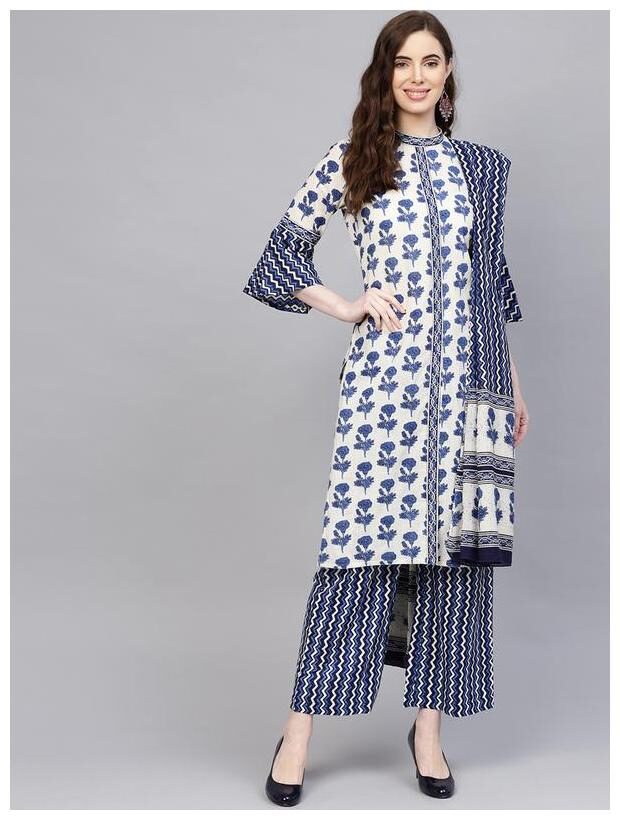 

Jaipur Kurti Women Navy Blue Floral Straight Kurta With Palazzo And Dupatta