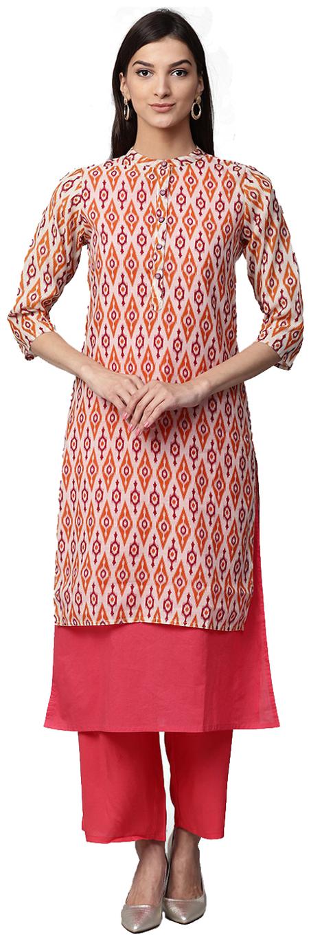 

Jaipur Kurti Women Pink Ikat Print Layered Chanderi Cotton Kurta with Palazzos