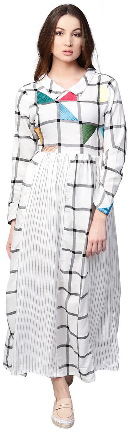 

Jaipur Kurti Women White Checked Maxi Handloom Kurti Dress