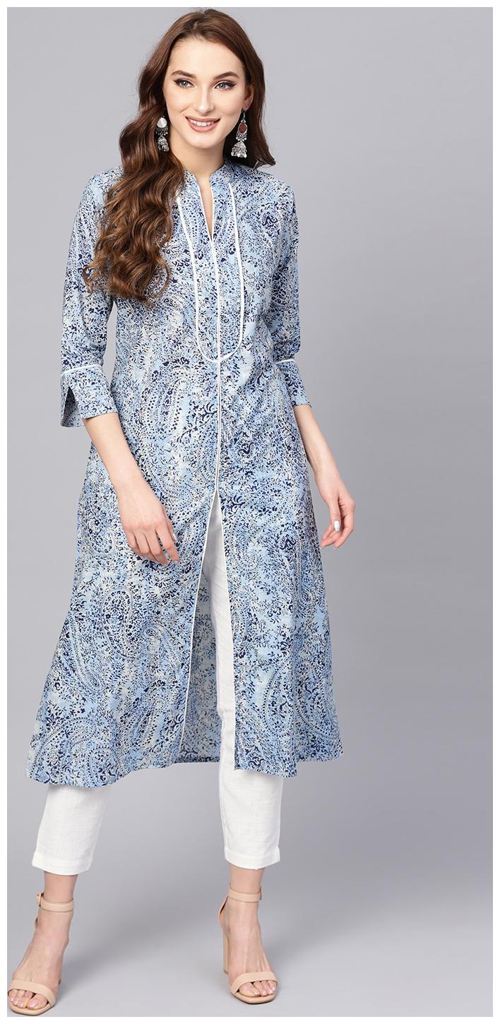 

Jaipur Kurti Women Blue White Ethnic Motifs Straight Cotton Kurta with Pant