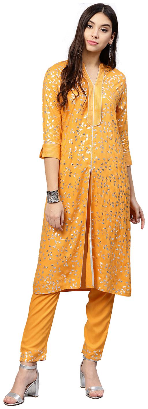 

Jaipur Kurti Women Yellow Ethnic Motifs A-Line Rayon Kurta with Pant