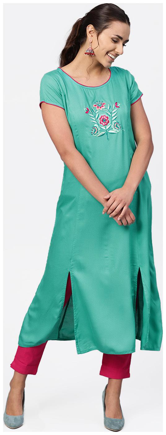 

Jaipur Kurti Rayon Half Sleeves Stitched Suits Green Pink